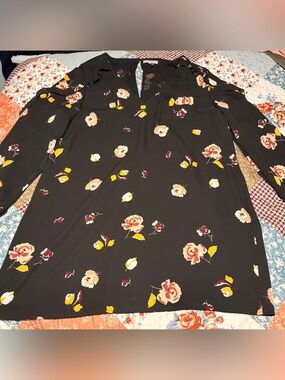 1.STATE Black Floral Long Sleeve Shift Dress XL Lined Puff Sleeve